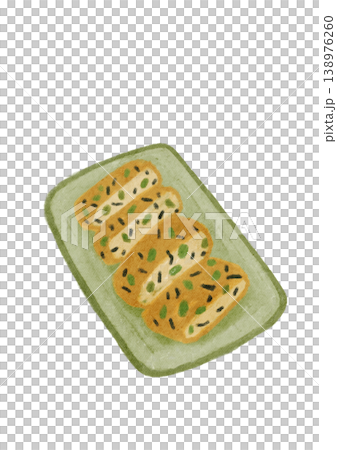 お皿に乗った四つの枝豆ひじきの卵焼き 138976260