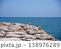 Rocky seashore with calm blue sea under clear summer sky 138976289
