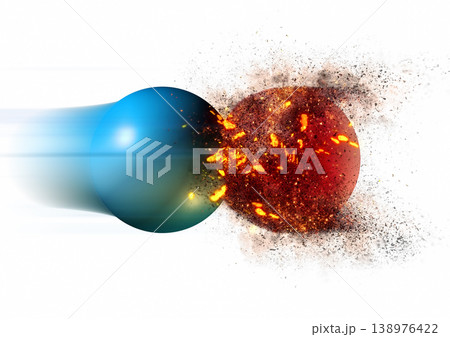 赤と青の球体が衝突して爆発する抽象背景 138976422