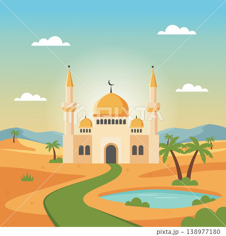 Green Road Curving Toward Golden Mosque Flat Design 138977180