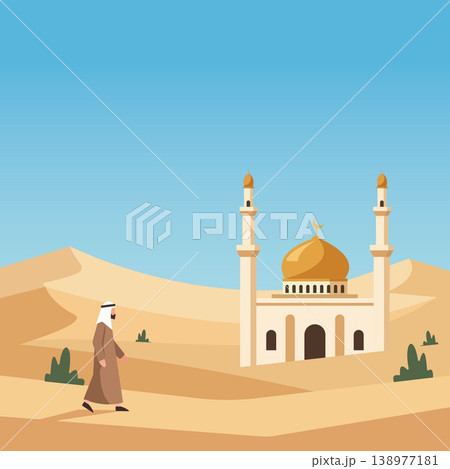 Desert Mosque Beneath Endless Quiet Sky Flat Design 138977181