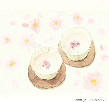 桜茶と桜の花の手描き水彩イラスト 138977379