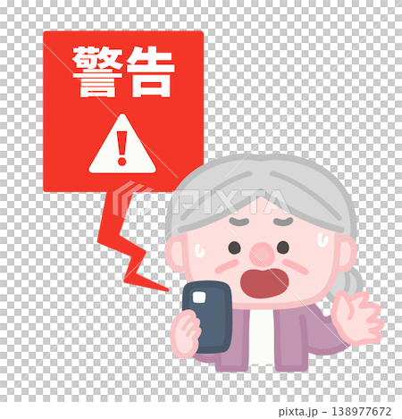 An elderly woman panics at her smartphone's warning screen. 138977672