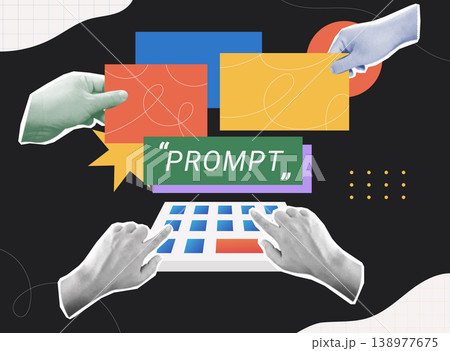 Trendy halftone collage of person hands typing on keyboard with prompt text label and colorful panels on dark background, flat design concept for ai prompt engineering, generative ai, and chatbot. Trendy halftone collage of person hands typing on keyboard with prompt text label and colorful panels on dark background, flat design concept for ai prompt engineering, generative ai, and chatbot. 138977675