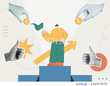 Trendy halftone collage of person standing on podium holding green flag surrounded by thumbs up hands, dollar coins, arrows, and star on light background, flat design concept for financial success and Trendy halftone collage of person standing on podium holding green flag surrounded by thumbs up hands, dollar coins, arrows, and star on light background, flat design concept for financial success and 138977678