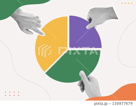 Trendy halftone collage of three person hands pointing at large colorful pie chart with yellow, purple, and green segments on light background, flat design concept for market share analysis and statis 138977679