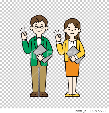 A set of full-body vector illustrations of young men and women, couples, and married couples making a victory pose while holding a laptop. 138977727