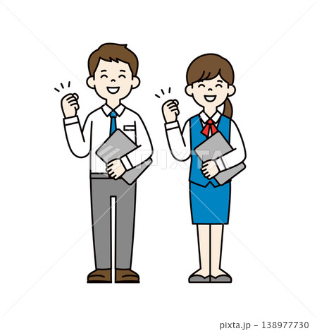 ラップトップを持ってガッツポーズをするサラリーマンと制服を着た事務員の全身ベクターイラスト 138977730