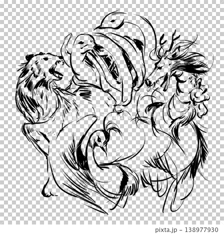 Black and white illustration of the Four Divine Beasts 138977930