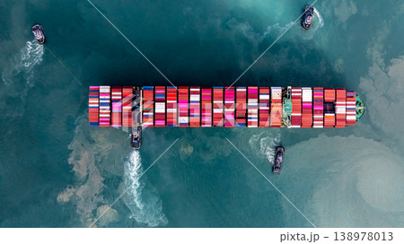 Container ship carrying container for import and export, business logistic and transportation by container ship boat in open sea, Aerial view container ship with copy space for design banner web 138978013