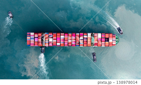 Container ship carrying container for import and export, business logistic and transportation by container ship boat in open sea, Aerial view container ship with copy space for design banner web 138978014