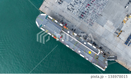 Aerial view cargo vehicles car carrier at import export cars terminal seaport, Vehicle car carrier vessel loading cars for shipping to worldwide, Automotive industry distribution logistic transport Aerial view cargo vehicles car carrier at import export cars terminal seaport, Vehicle car carrier vessel loading cars for shipping to worldwide, Automotive industry distribution logistic transport 138978015