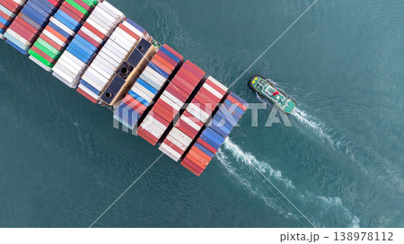 Container ship carrying container for import and export, business logistic and transportation by container ship boat in open sea, Aerial view container ship with copy space for design banner web 138978112
