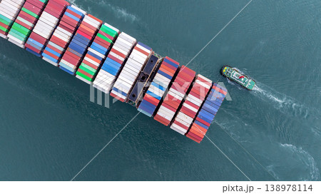Container ship carrying container for import and export, business logistic and transportation by container ship boat in open sea, Aerial view container ship with copy space for design banner web Container ship carrying container for import and export, business logistic and transportation by container ship boat in open sea, Aerial view container ship with copy space for design banner web 138978114