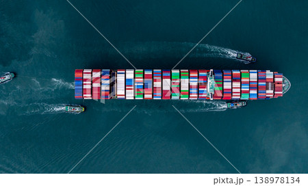 Container ship carrying container for import and export, business logistic and transportation by container ship boat in open sea, Aerial view container ship with copy space for design banner web Container ship carrying container for import and export, business logistic and transportation by container ship boat in open sea, Aerial view container ship with copy space for design banner web 138978134