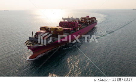 Aerial view container cargo ship carrier container on sea, Global business logistics transportation by container cargo ship, Container cargo ship freight shipping import export supply chain. 138978317