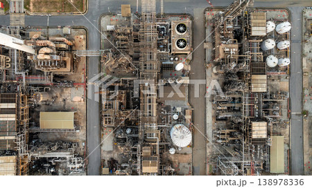 Aerial view oil and gas refinery petrochemical storage tank and pipeline steel, Oil and gas transportation system pipeline steel at oil and gas refinery industry chemical plant, Pipeline oil and gas. Aerial view oil and gas refinery petrochemical storage tank and pipeline steel, Oil and gas transportation system pipeline steel at oil and gas refinery industry chemical plant, Pipeline oil and gas. 138978336