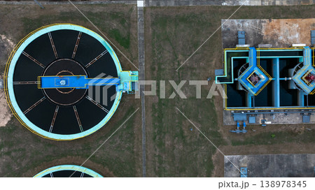 Aerial view circular clarifier tank at watewater treatment plant, Industrial infrastucture, Environment technology sustainable water management system, Semimentation tank circular clarifier. 138978345