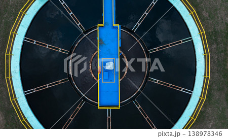 Aerial view circular clarifier tank at watewater treatment plant, Industrial infrastucture, Environment technology sustainable water management system, Semimentation tank circular clarifier. 138978346