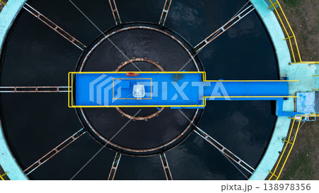 Aerial view circular clarifier tank at watewater treatment plant, Industrial infrastucture, Environment technology sustainable water management system, Semimentation tank circular clarifier. 138978356