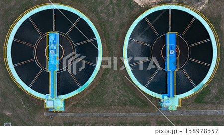 Aerial view circular clarifier tank at watewater treatment plant, Industrial infrastucture, Environment technology sustainable water management system, Semimentation tank circular clarifier. 138978357