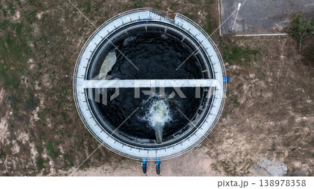 Aerial view circular clarifier tank at watewater treatment plant, Industrial infrastucture, Environment technology sustainable water management system, Semimentation tank circular clarifier. 138978358