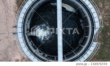 Aerial view circular clarifier tank at watewater treatment plant, Industrial infrastucture, Environment technology sustainable water management system, Semimentation tank circular clarifier. 138978359