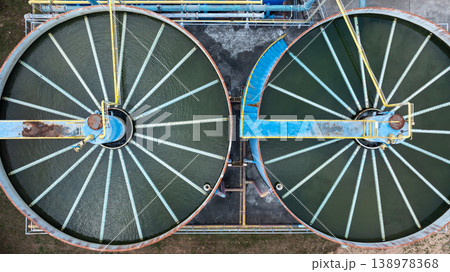 Aerial view circular clarifier tank at watewater treatment plant, Industrial infrastucture, Environment technology sustainable water management system, Semimentation tank circular clarifier. 138978368
