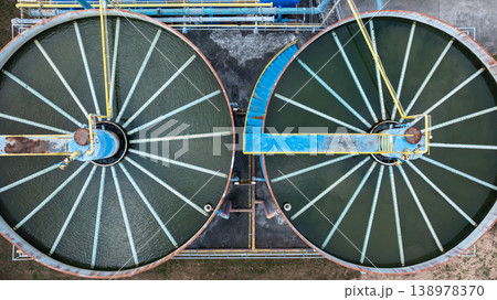 Aerial view circular clarifier tank at watewater treatment plant, Industrial infrastucture, Environment technology sustainable water management system, Semimentation tank circular clarifier. 138978370