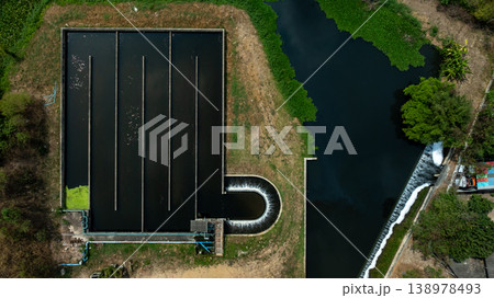 Aerial view wastewater treatment plant. Circular sedimentation tanks biological reactor, Water cleaning facility wastewater treatment plant, Recirculation solid contact clarifier sedimentation tank. 138978493