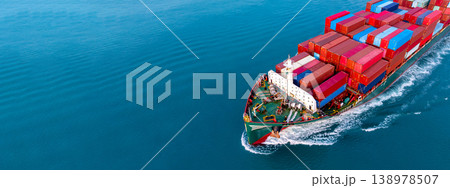 Aerial view container ship carrier container on sea, Global business logistics and Global trade transportation by container ship, Container ship freight shipping import export logistics supply chain. Aerial view container ship carrier container on sea, Global business logistics and Global trade transportation by container ship, Container ship freight shipping import export logistics supply chain. 138978507
