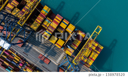 Aerial view Container cargo ship loading unloading container import export sea port, Global trade business container cargo ship freight shipping commercial trade logistic transportation international. Aerial view Container cargo ship loading unloading container import export sea port, Global trade business container cargo ship freight shipping commercial trade logistic transportation international. 138978520