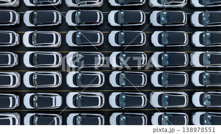 Aerial view car for sale stock lot row, Cars dealership inventory distribution automobile and automotive business, New cars parking for sale automobile automotive industry business. Aerial view car for sale stock lot row, Cars dealership inventory distribution automobile and automotive business, New cars parking for sale automobile automotive industry business. 138978551