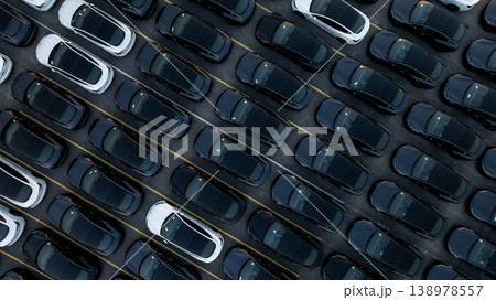 Aerial view car for sale stock lot row, Cars dealership inventory distribution automobile and automotive business, New cars parking for sale automobile automotive industry business. Aerial view car for sale stock lot row, Cars dealership inventory distribution automobile and automotive business, New cars parking for sale automobile automotive industry business. 138978557