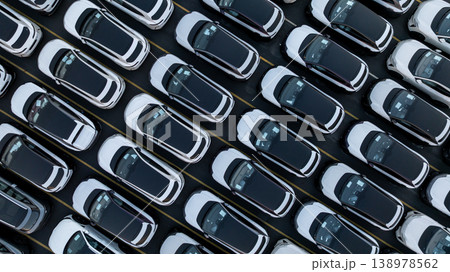 Aerial view car for sale stock lot row, Cars dealership inventory distribution automobile and automotive business, New cars parking for sale automobile automotive industry business. Aerial view car for sale stock lot row, Cars dealership inventory distribution automobile and automotive business, New cars parking for sale automobile automotive industry business. 138978562