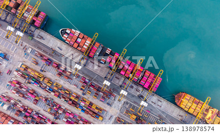 Aerial view Container cargo ship loading unloading container import export sea port, Global trade business container cargo ship freight shipping commercial trade logistic transportation international. Aerial view Container cargo ship loading unloading container import export sea port, Global trade business container cargo ship freight shipping commercial trade logistic transportation international. 138978574