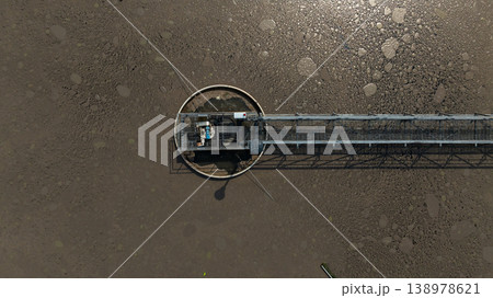 Aerial view wastewater treatment plant. Circular sedimentation tanks biological reactor, Water cleaning facility wastewater treatment plant, Recirculation solid contact clarifier sedimentation tank. 138978621