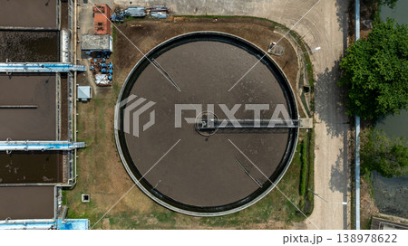 Aerial view wastewater treatment plant. Circular sedimentation tanks biological reactor, Water cleaning facility wastewater treatment plant, Recirculation solid contact clarifier sedimentation tank. 138978622