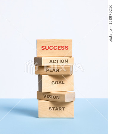 Development business growth processes are staged of wooden blocks with words start, vision, goal, plan, action and success. Business progress, strategic development of a company, startup. Development business growth processes are staged of wooden blocks with words start, vision, goal, plan, action and success. Business progress, strategic development of a company, startup. 138979216