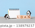 Wooden blocks with word loan, a notebook with blank paper pages, and wooden houses. Personal loan assessment. Car, house, personal money loan concept. 138979237