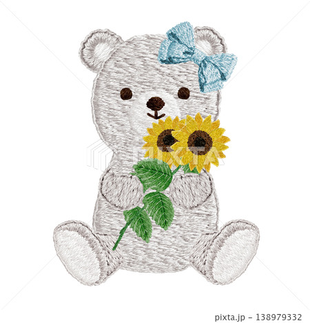 【シロクマとヒマワリ】手刺繍イラスト素材 138979332
