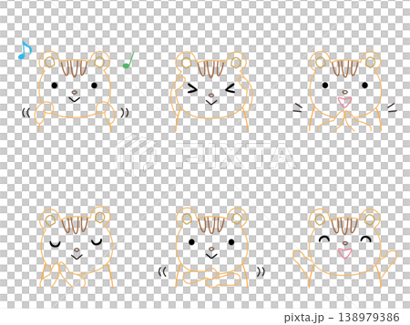 A set of illustrations of squirrels playing with their hands (color line art). 138979386