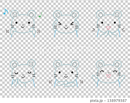 A set of illustrations of mice playing with their hands (color line art). A set of illustrations of mice playing with their hands (color line art). 138979387