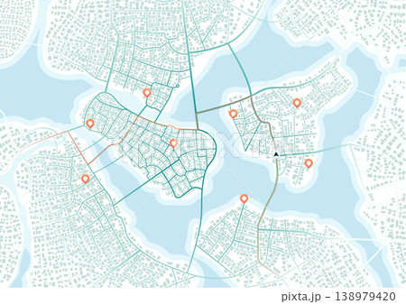 Highlighted route with multiple alternatives on city map for projects related to guides, routes, and route planning. Vector illustration of a city map with a high view design on white background. 138979420