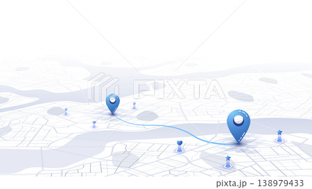 Minimalist 3D city map with GPS navigation route and destination pins. Abstract urban landscape blue tones, showing a planned travel path across river. Travel concepts. Vector illustration Minimalist 3D city map with GPS navigation route and destination pins. Abstract urban landscape blue tones, showing a planned travel path across river. Travel concepts. Vector illustration 138979433