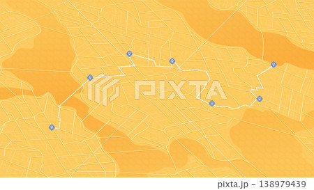 GPS navigation system displaying multiple markers and pins along designated route. Abstract urban plan POI with city streets. Vector illustration travel path for travel. GPS navigation system displaying multiple markers and pins along designated route. Abstract urban plan POI with city streets. Vector illustration travel path for travel. 138979439