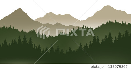 Foggy mountains landscape background. Smoky and rocky panorama with mountains skyline and pine tree forest silhouettes. Scenery with slopes, vector cartoon illustration 138979865