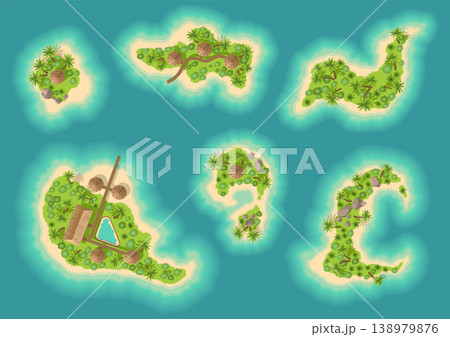 Top view islands with volcano. View from a height on a tropical island in the ocean. Vector cartoon tropical paradise sea island shore. Good sunny day Top view islands with volcano. View from a height on a tropical island in the ocean. Vector cartoon tropical paradise sea island shore. Good sunny day 138979876