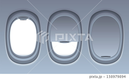 Modern aircraft interior featuring oval window frames. Quiet airplane interior showcasing rounded window openings with subtle lighting and sleek modern furnishings Modern aircraft interior featuring oval window frames. Quiet airplane interior showcasing rounded window openings with subtle lighting and sleek modern furnishings 138979894