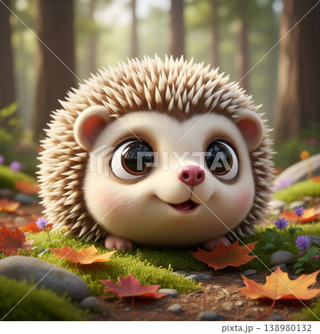 Adorable Animated Hedgehog in Autumn Forest 138980132